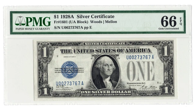 FR#1601~  1928 A $1 Silver Certificate FUNNY BACK UA BLOCK  PMG GEM 66 EPQ