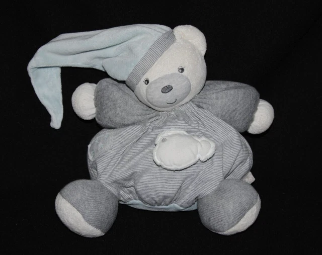 Peluche doudou ours boule gris rayé KALOO poisson blanc bonnet grelot 27 cm TTBE