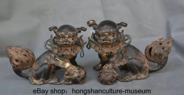 11.6 " Old Chinese Bronze Fengshui Foo Fu Dog Guardion Lion Statue Pair