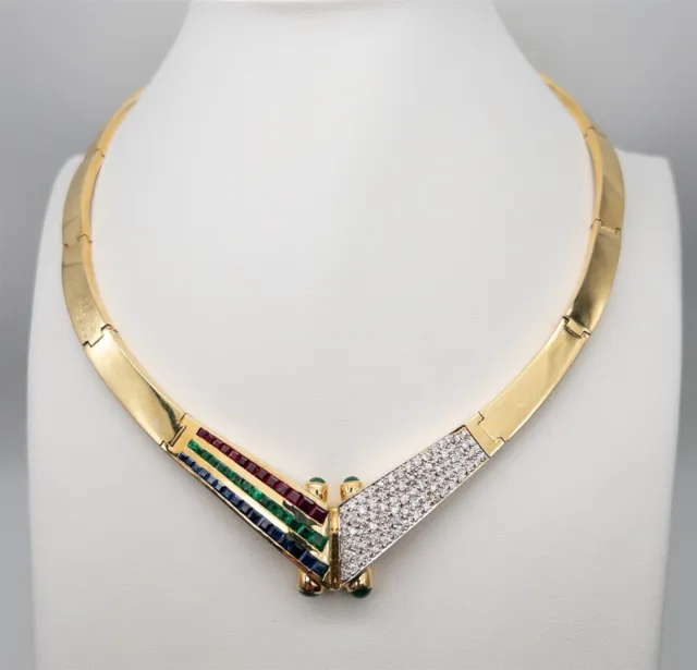 $25,000 10ct Diamond RUBY Emerald Sapphire 18k Yellow Gold OMEGA Necklace 80g