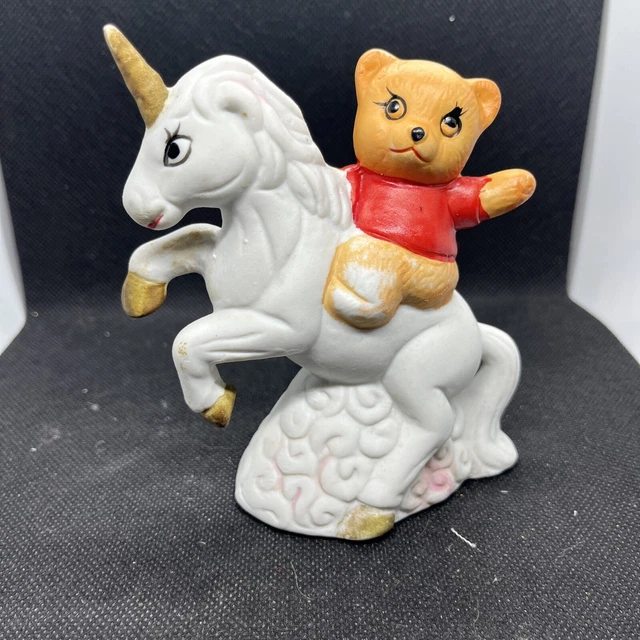 Bear Riding A White Unicorn Figurine