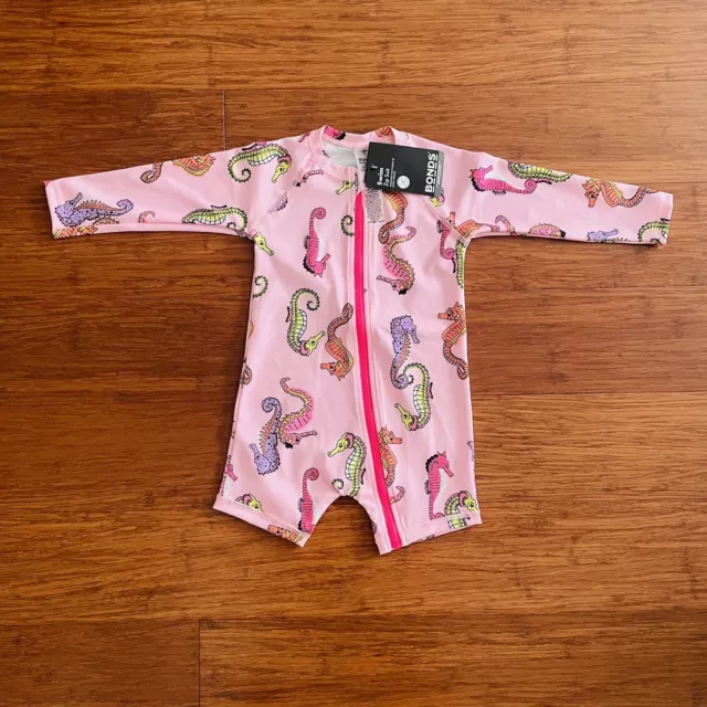 Bonds Baby Pink Seahorse Long Sleeve Swim Zip Suit Zippy Swimsuit Size 1 BNWT