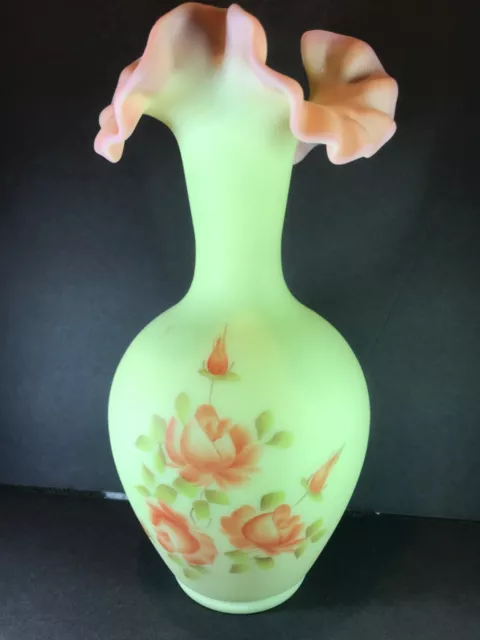 Vintage Fenton Burmese Satin Vase Hand Painted & Signed Beth Wilcox 9 1/2”