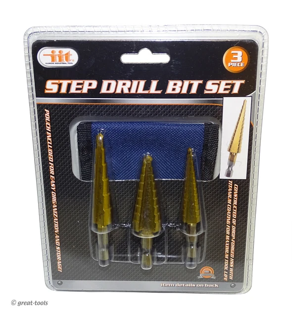 STEP DRILL BITS, 3-pc set – Titanium Nitride coating – quick change shank tools
