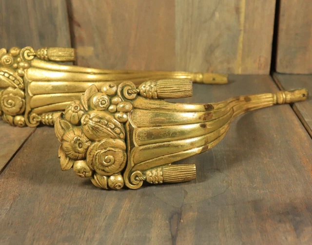 French Antique PAIR Gilt Brass Bronze Curtain Tie Backs Rod Hooks Empire Style 3