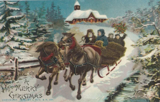 CHRISTMAS - Riding In Horse Drawn Sled A Merry Christmas Postcard