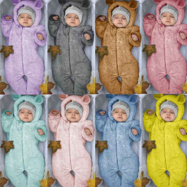 Winter Newborn Baby Boy Fleece Jumpsuit Solid Hooded Romper Warm Coat Outwear