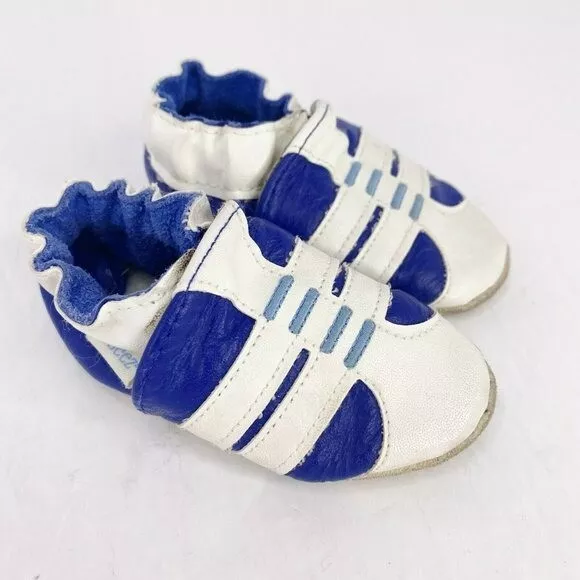 Robeez Baby Boy 0-6 Month Blue White Sneaker Leather Crib Shoes Soft Sole