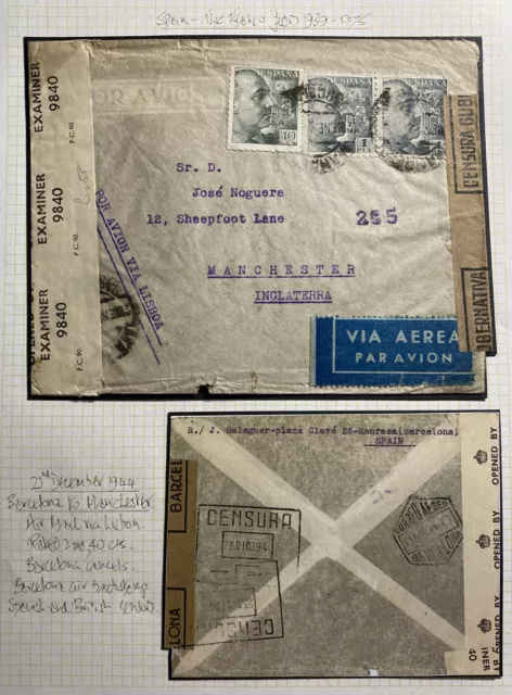 1944 Barcelona Spain Dual Censored Airmail Cover To Manchester England
