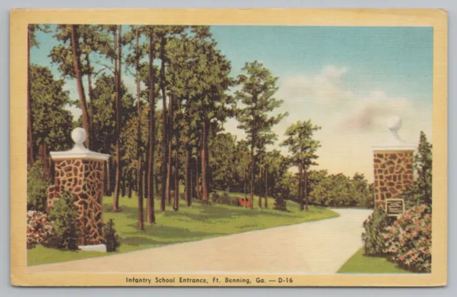 Ft Fort Benning Georgia~Infantry School Entrance Gate Pillars~'46 Linen Postcard