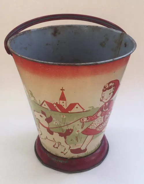 Seau de plage ancien - A décor de chien et petite fille