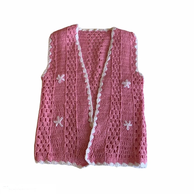 Vintage Hand Knitted Baby Girl Vest Cardigan Waistcoat Pink Toddler 2-4 Y 80s
