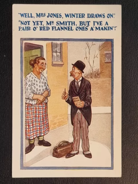 Comic Postkarte C1925 Rent Man Winter zieht auf roten Flanell Spatz Bowler