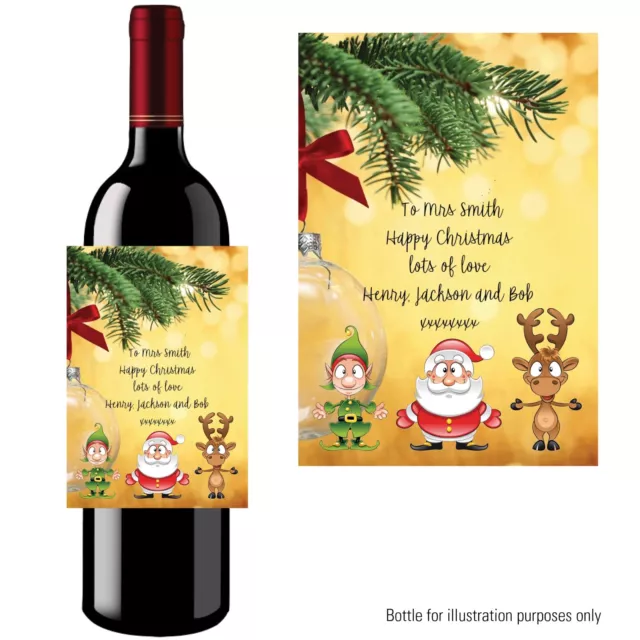 Personalised Wine Gin Bottle Label Sticker Merry Christmas Santa Teacher Gift 14