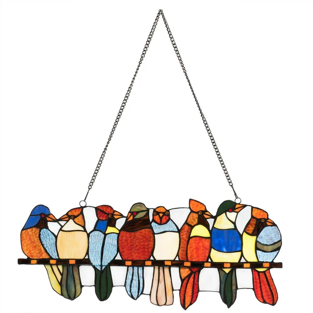 22.5" Stained Glass Birds Window Panel Tiffany Style Hanging Sun Catcher w/Chain