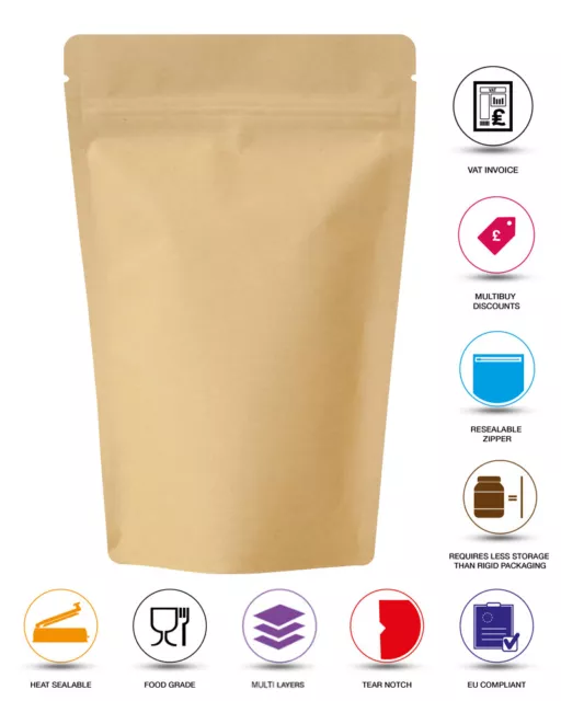 Kraft Brown Paper  Zip Lock Bags Food Nuts Stand Up Pouches Grade Heat Sealable