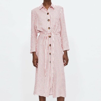 Zara Women's Red White Striped Linen Blend Long Sleeve Collared Dress Size Xs