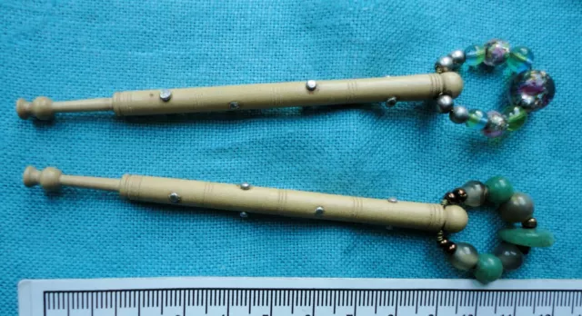 2 Antique Wood Lace Bobbins  Raised Brass Leopard Spot Decoration & Spangles