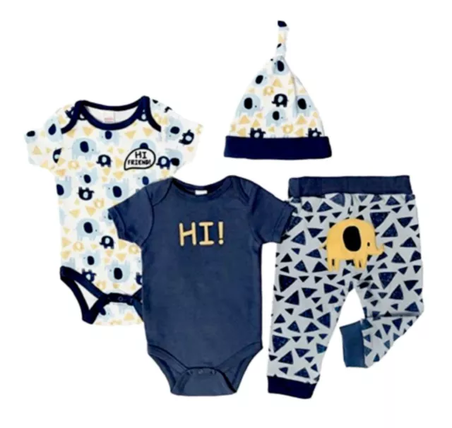 6-9 Months. Baby Boy 4 Piece Gift Set. 100% Cotton. Blue. 'Hi Friend'.