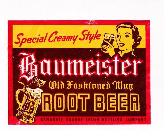 1930s KEWAUNEE ORANGE CRUSH BOTTLING CO, WISCONSIN BRAUMEISTER ROOT BEER LABEL