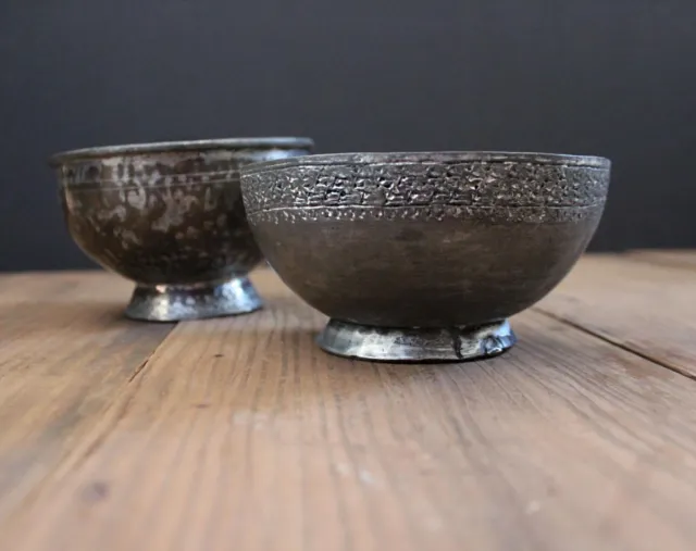 Antique Ottoman-Era Copper Tinned Copper Zinc Handmade Islamic Bowls-a Pair