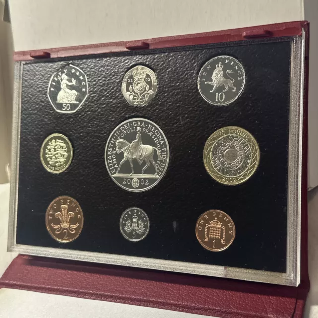 2002 Queen Elizabeth II Deluxe Proof Royal Mint Nine Coin Set Red Case £5 £2