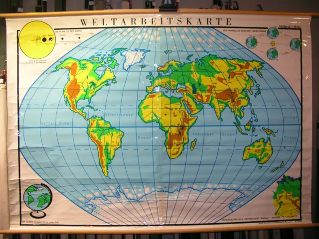 Schulwandkarte schöne alte Weltkarte Arteitskarte 192x134 vintage world map~1960