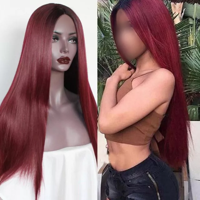 Gorgeous Wine Red Long Straight Wig Ombre Burgundy Realistic and Easy to Wash
