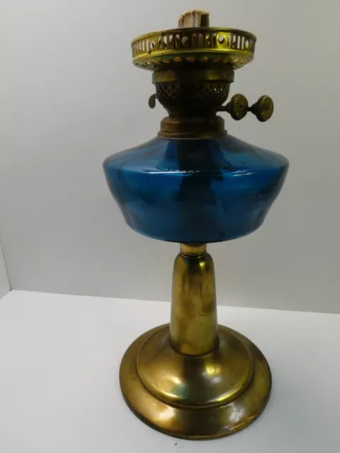 Antique Blue Glass Font Brass Base Lamp Kero Oil Lantern Twin Burner