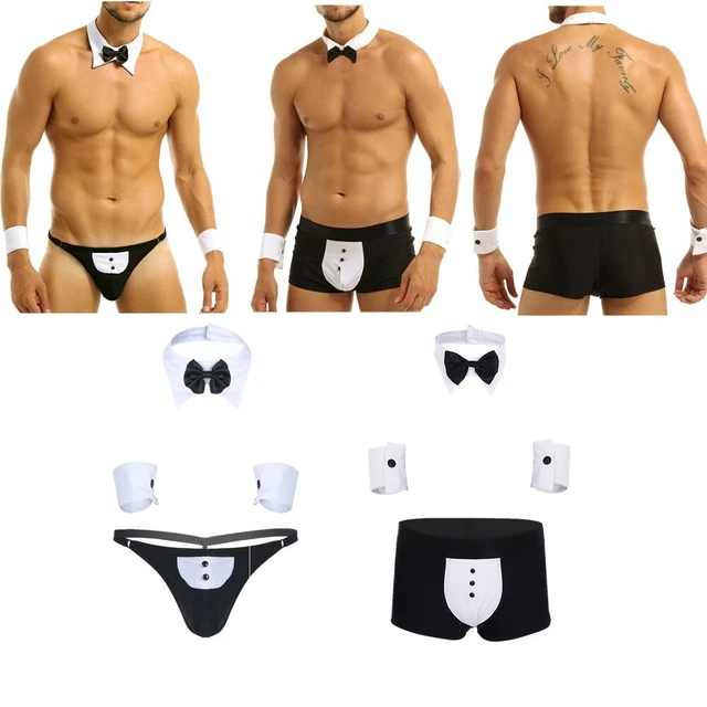 New Arrival Black Mens Butler Lingerie Bow Tie Tuxedo Thong G String Briefs Bikini With Collar