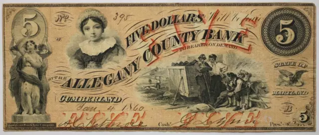 1860 $5 Allegany County Bank Cumberland Maryland Five Dollars Obsolete Note