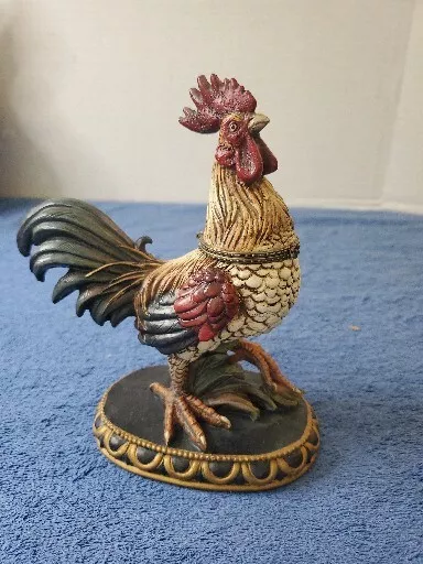 Hand Painted Enamel Rooster Trinket Box Ring Sized Hiding Space Hinged