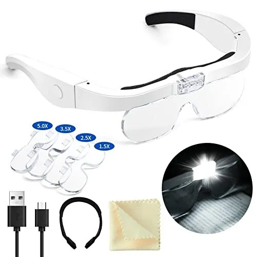 Dilzekui Magnifying Glasses with Light, Rechargeable Head Magnifier Glass,  1.5X to 5.0X Lighted Magnifying Glass with 4 Detachable Lenses, Hands Free