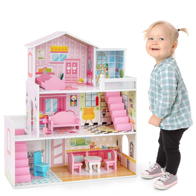 KIDS DOLL HOUSE Wooden 3 Storey Large Pretend Dollhouse Furniture with ...