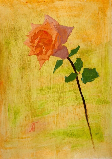Dipinto ad olio originale, natura morta floreale, una rosa, piccolo fiore...