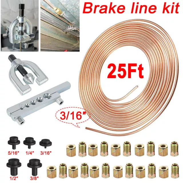 Brake Line Pipe Repair Kit Tool 3/16" 25FT Copper Pipe Flaring + 20 Nuts Fitting