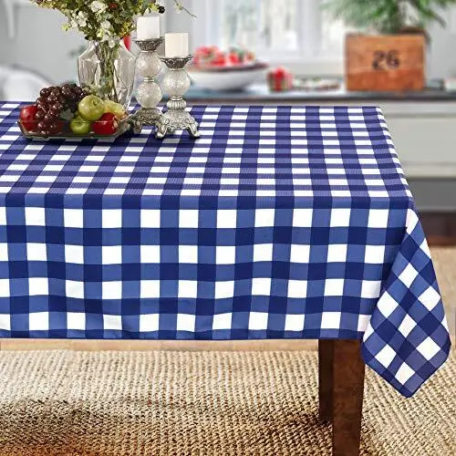 Blue White Gingham Checker Indoor Outdoor Stain Resistant Spill Bead Up Fabri...