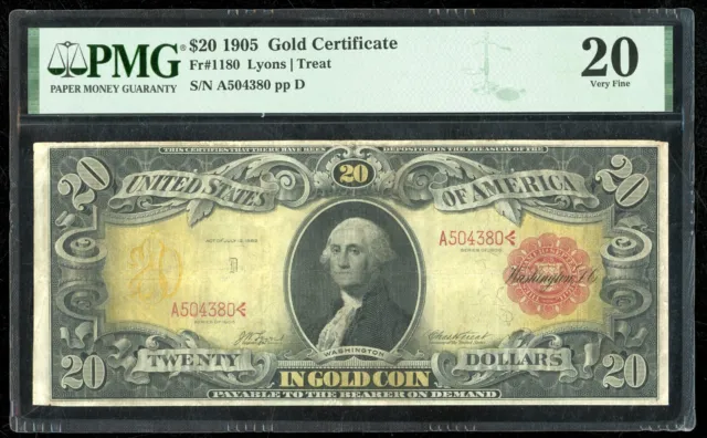 1905 $20 Technicolor Gold Certificate Very Fine Graded PMG 20 Rare Note