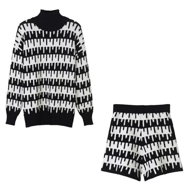 2 Pieces Set Women Sweater Shorts Suit Knit Striped Plus Size Turtleneck Outfits