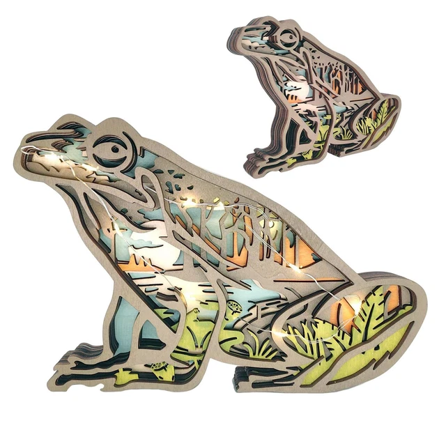 Adorno de esculturas de ranas de madera 3D para el hogar con luz LED | Arte ahuecado