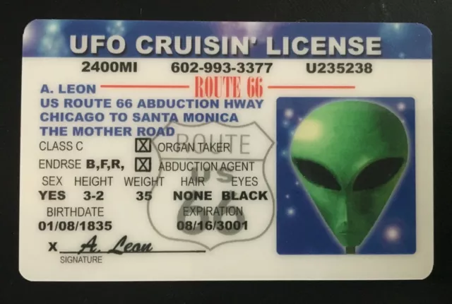 UFO Cruisin License Alien Route 66 Novelty ID Card Drivers Cruising Mother Road