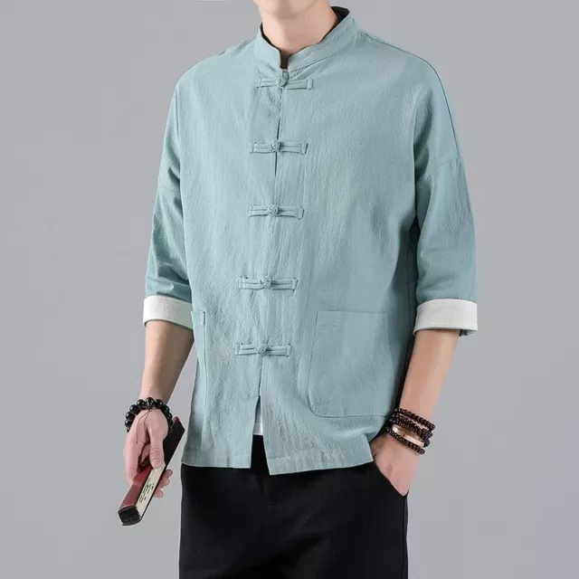 Chinese Mens Tops Tang Suit Linen Half Sleeve Traditional Kung Fu Hanfu Shirt 2