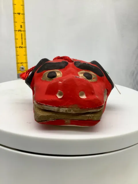 Japanese Clay Bell Ceramic Dorei Asian Antiques lion dance Abe 2.7x2.7x1.9inch