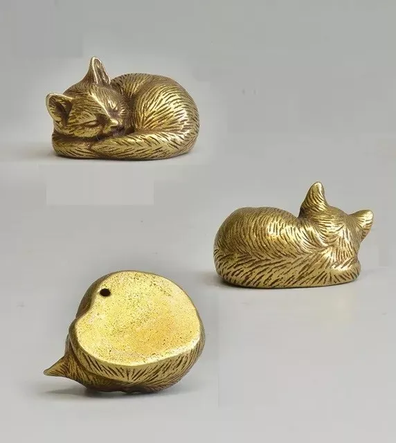 Brass Cute Cat Animal Statue Small Sculpture Tabletop Figurine Decor Gifts - G