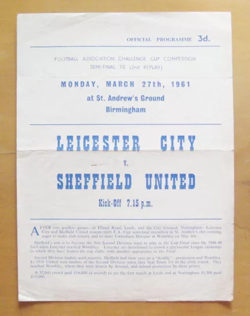 1961 FA Cup Semi-Final 2nd Replay LEICESTER CITY v SHEFFIELD UNITED *Good Cond*