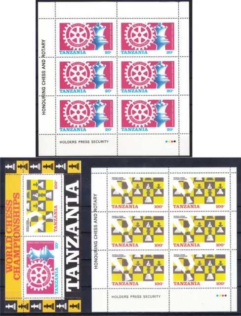 TANZANIA, YVERT 275/276 x 6 + BL 44, ROTARY, CHESS, CHESS, MNH**, B15