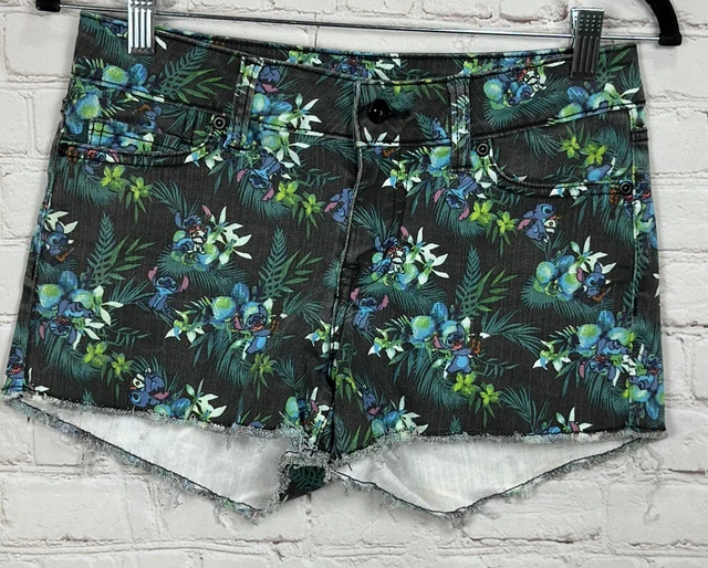 DISNEY Denim LILO & STITCH raw distressed hem stretch jean shorts, sz 5