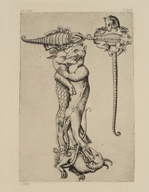 Secondo monogramma MEISTER ES (*1450), alfabeto figure. Lettera R. Reichssruck, Re