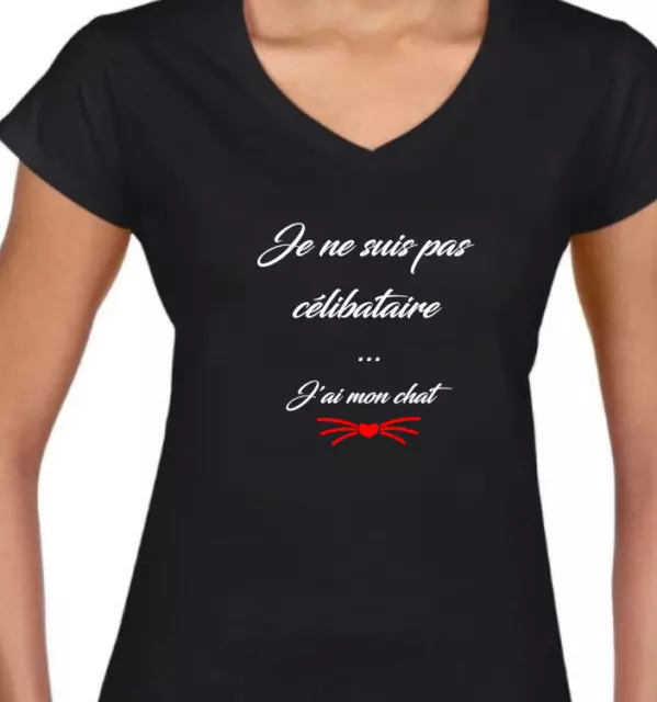 Tshirt / T-Shirt Femme Filles Noir pas célibataire j'ai mon chat humour drôle