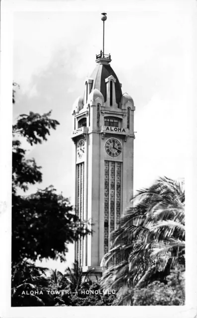 1947 Hawaii Rppc Real Photo Postcard: View Of Aloha Tower, Honolulu, Hi